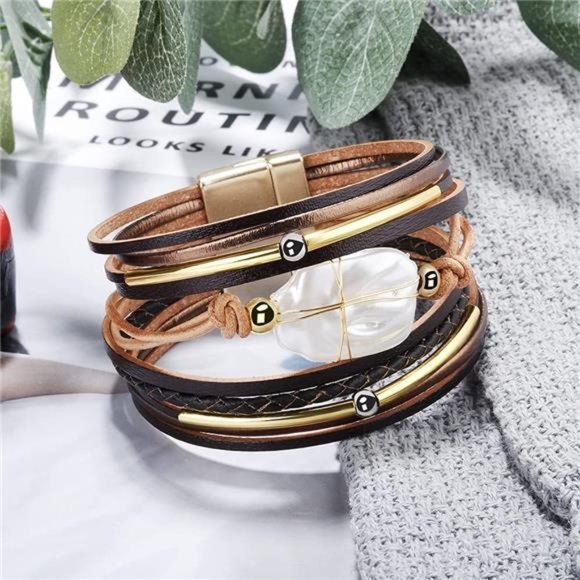 Bracelet for Women, Boho Leather Wrap Multi-Layer Pearl Crystal Bracelet Bangle - Picture 3 of 5